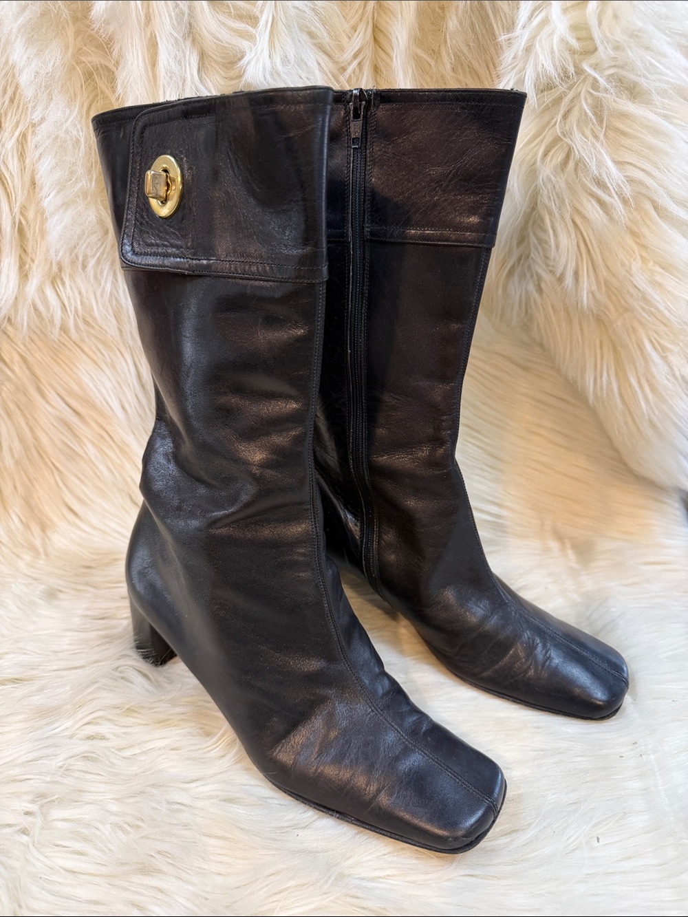 Coach Black Leather Mid-Calf Boots with Gold Accent -Women’s Size 6B